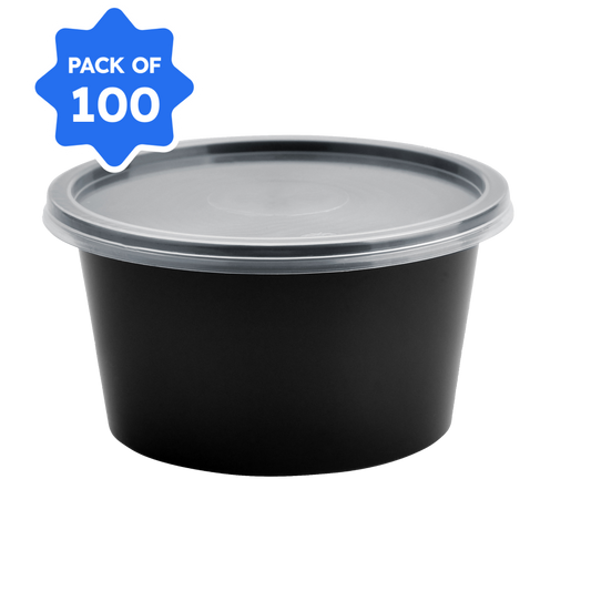 Bhagwati - Round Container 02-250 ml, Black with Lid (Pack of 100)